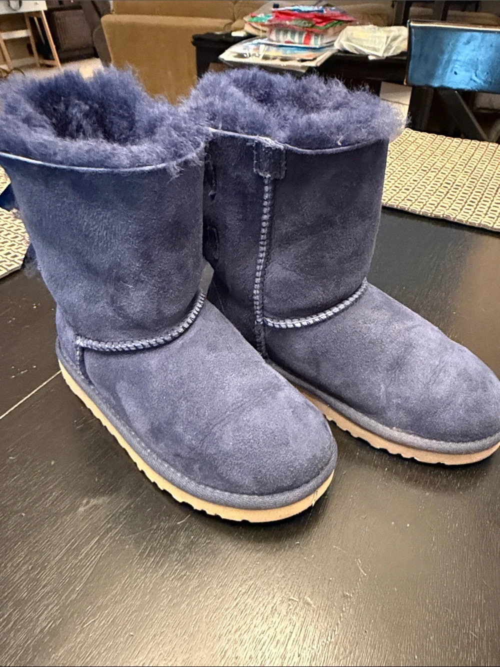 UGG Kids Navy Blue Suede Shearling Boots